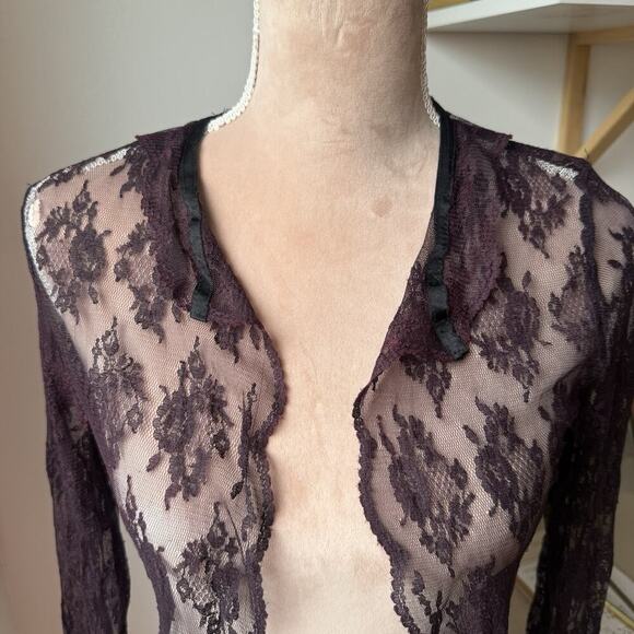 Whimsygoth Burgundy Sheer Lace Blouse Romantic Witchy Long Sleeve Top Coquette - Picture 5 of 10